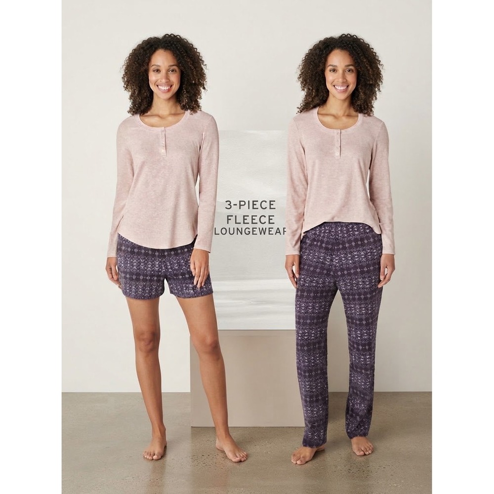 Eddie Bauer Womens 3-Piece Waffle Fleece Sleep Set Pink Purple XS 1608997